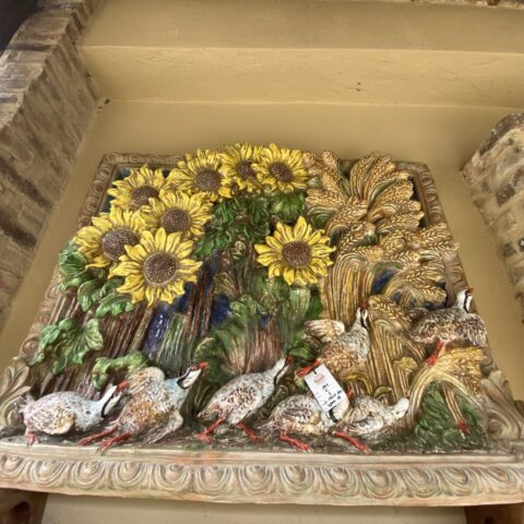 Pannello in cotto artistico girasoli e papaveri ispirato a Van Gogh