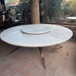 Tavolo Rotondo in Travertino Grande con Piano Girevole completo di Base in Ferro Battuto