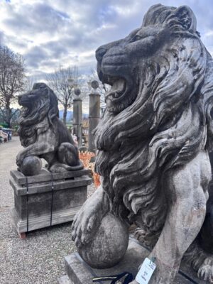 Coppia di Leoni con Base in Pietra